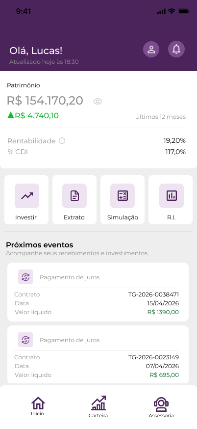 Tela inicial do aplicativo Targa Invest: patrimônio, rendimentos e próximos eventos